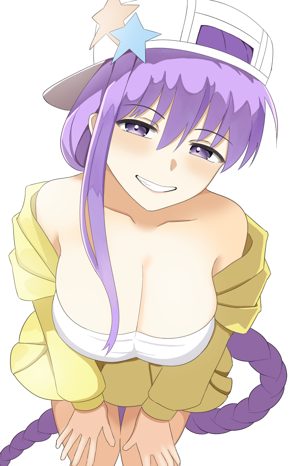1girl, asymmetrical_hair, bandeau, bare_shoulders, baseball_cap, bb_(fate), bb_(swimsuit_mooncancer)_(first_ascension)_(fate), blush, braid, breasts, cleavage, collarbone, fate/grand_order, fate_(series), grin, hat, hat_ornament, highres, jacket, large_breasts, leaning_forward, long_hair, long_sleeves, looking_at_viewer, miniskirt, norakuma, purple_eyes, purple_hair, single_braid, skirt, smile, solo, star_(symbol), star_hat_ornament, thighs, very_long_hair, white_hat, yellow_jacket, yellow_skirt