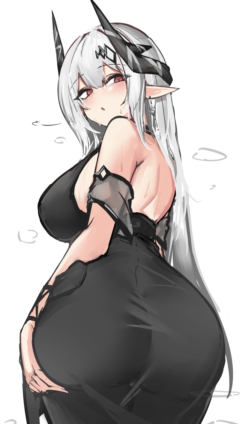 1girl, absurdres, arknights, ass, back, bare_shoulders, black_dress, breasts