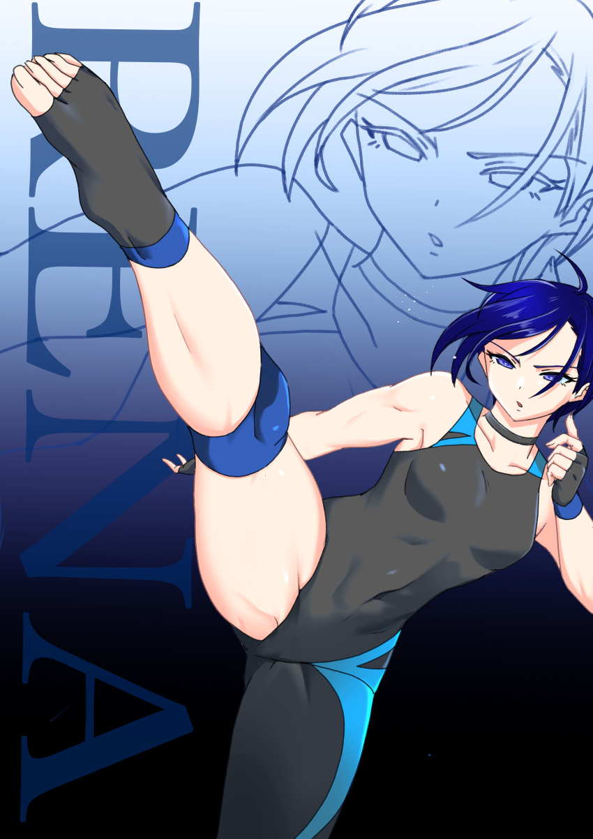 1girl, 28adg, absurdres, aikawa_reina, blue_eyes, choker, fingerless_gloves, gloves, highres, original, short_hair, solo, wrestling, wrestling_outfit