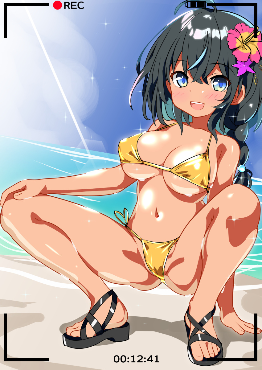 1girl, absurdres, beach, bikini, black_hair, blue_eyes, blue_sky, braid, breasts, claudia_fou, cloud, commission, day, gold_bikini, hair_between_eyes, highres, horizon, large_breasts, long_hair, neko_totora, ocean, outdoors, pixiv_commission, recording, shironeko_project, side-tie_bikini_bottom, single_braid, sky, solo, spread_legs, squatting, swimsuit, timestamp, toeless_footwear, viewfinder