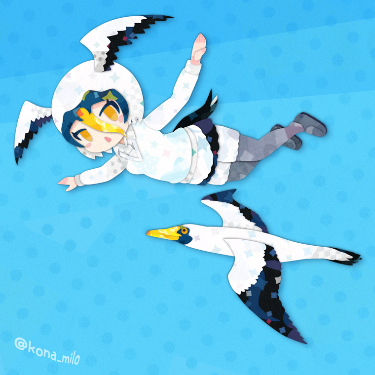 1girl, bird, bird_tail, bird_wings, blue_dress, boots, dress, feathered_wings