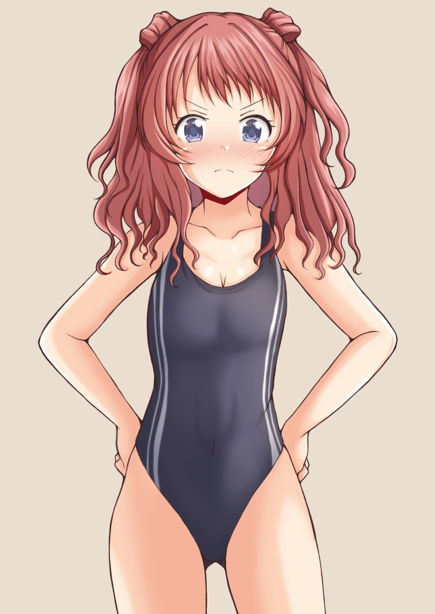 1girl, black_one-piece_swimsuit, breasts, brown_hair, cleavage, commentary_request, competition_swimsuit, gakuen_idolmaster, grey_background, grey_eyes, hanami_saki, hands_on_own_hips, highres, idolmaster, medium_breasts, one-piece_swimsuit, simple_background, small_breasts, solo, swimsuit, two_side_up, uesugi_shingo_(gurasan_buutsu)