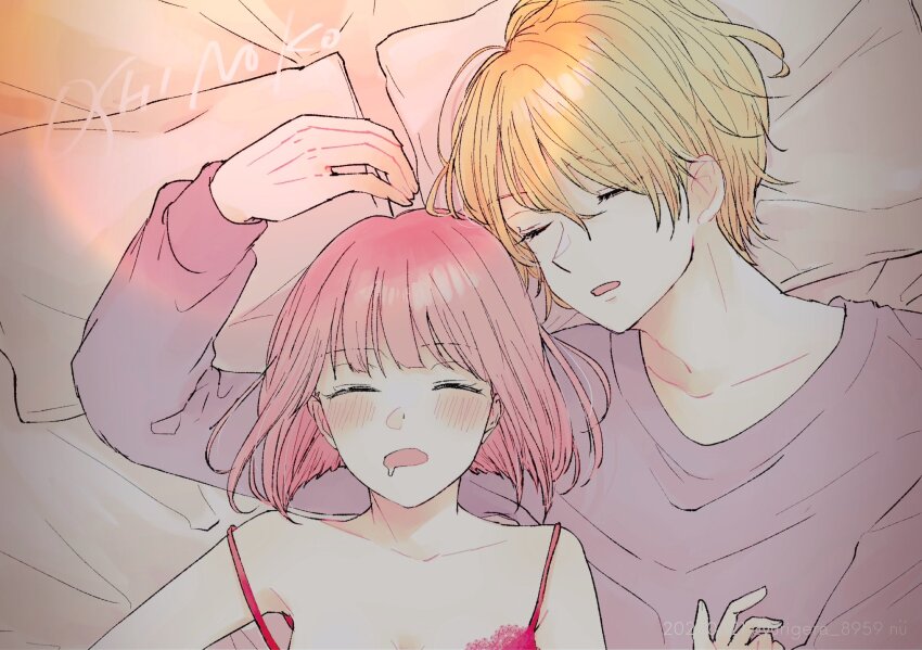 1boy, 1girl, arima_kana, armpits, bare_shoulders, bed, blonde_hair, blush