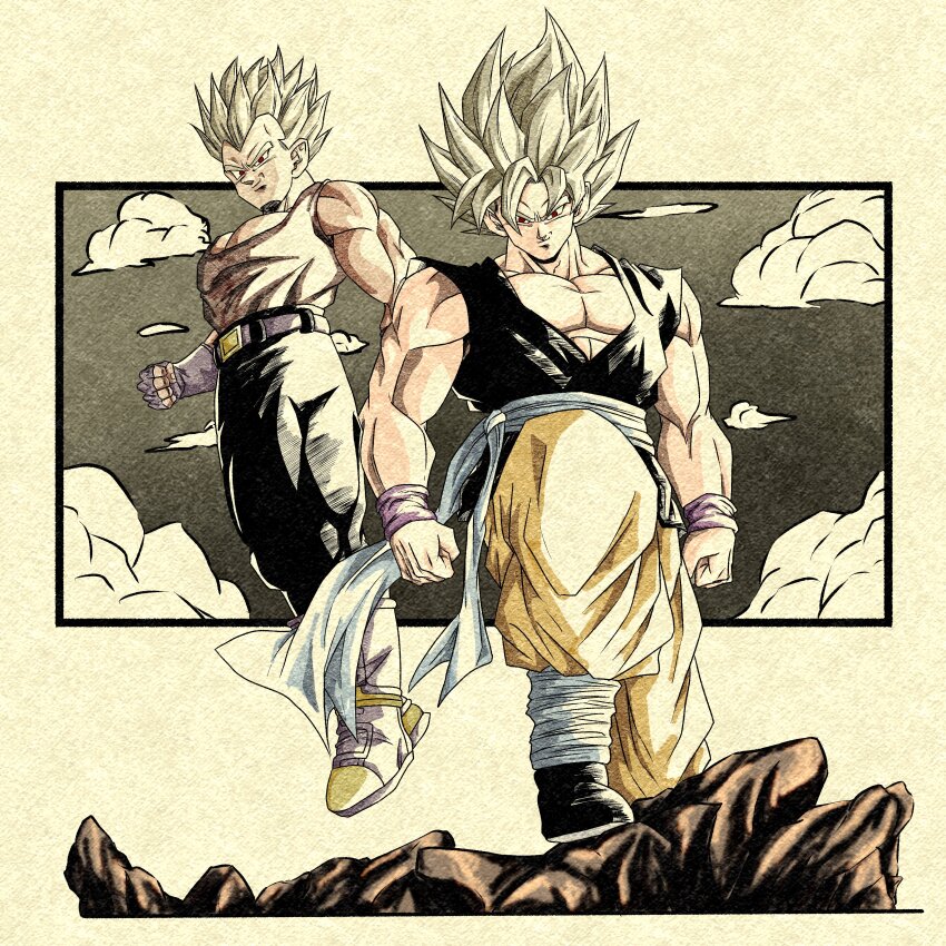 2boys, absurdres, blonde_hair, dragon_ball, dragon_ball_gt, hashtag-only_commentary, highres, limited_palette
