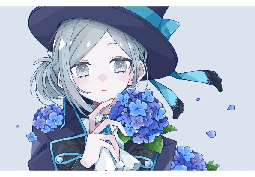1girl, ascot, blue_bow, blue_coat, blue_flower, blue_hat, boater_hat, bow