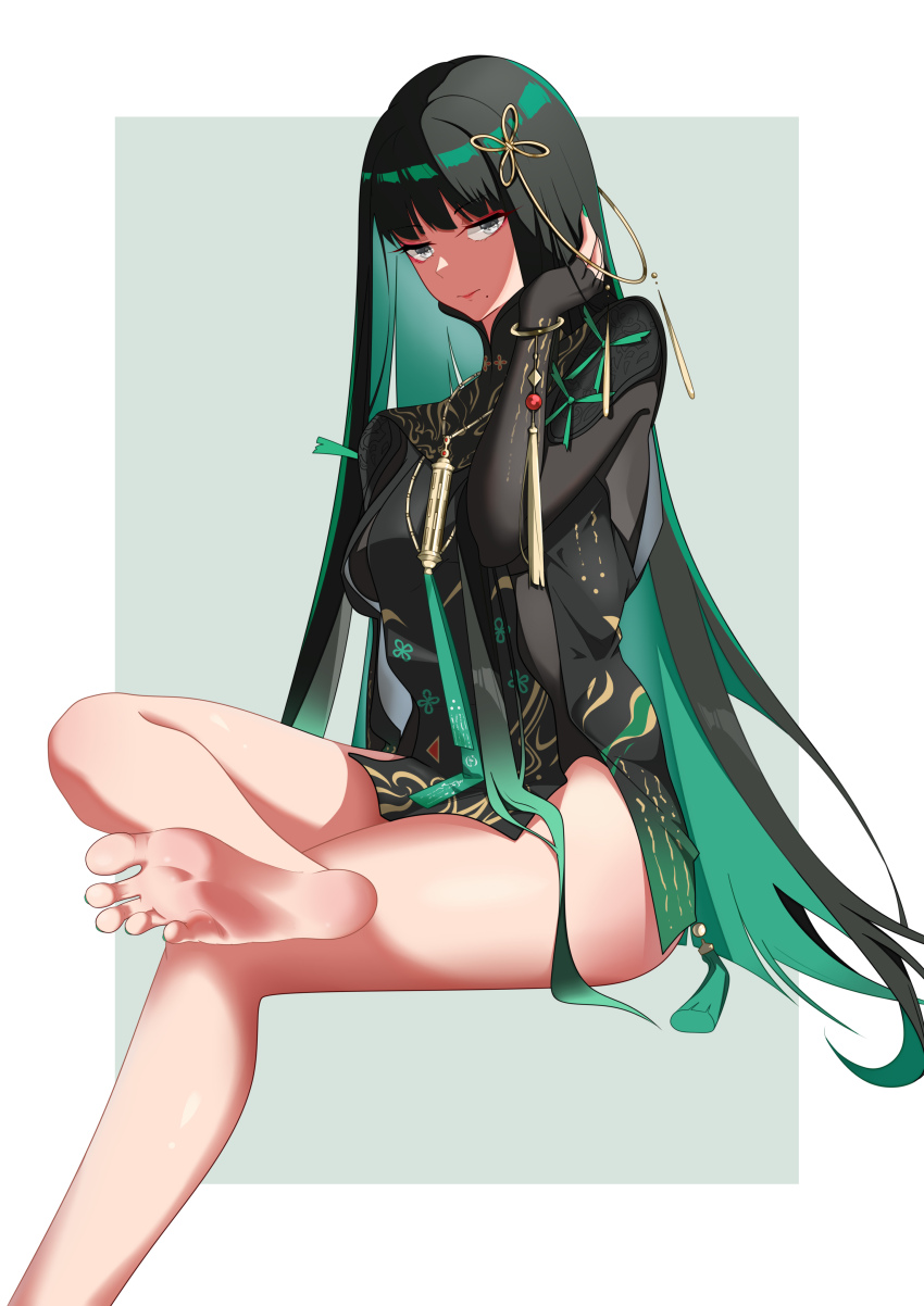 1girl, absurdres, barefoot, black_hair, crossed_legs, feet, green_hair, grey_eyes