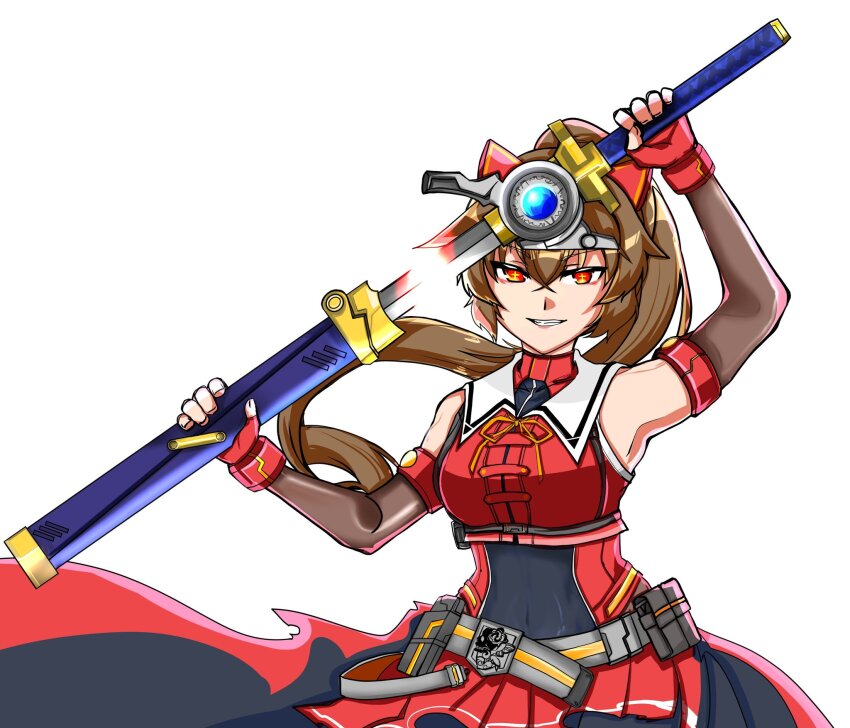 1girl, animal_ears, arm_up, assault_lily, bare_shoulders, belt, belt_pouch, black_shirt