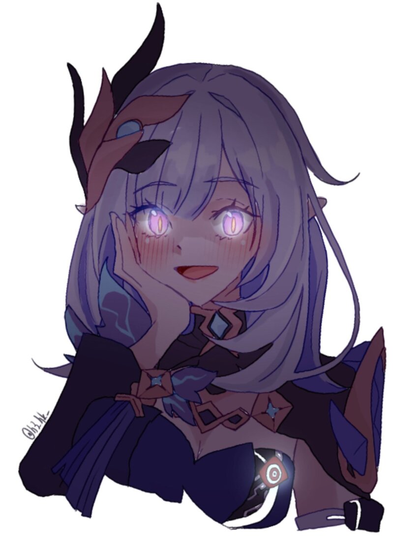 1girl, blue_hair, blue_shirt, blush, breasts, cleavage, elf, elysia_(honkai_impact)