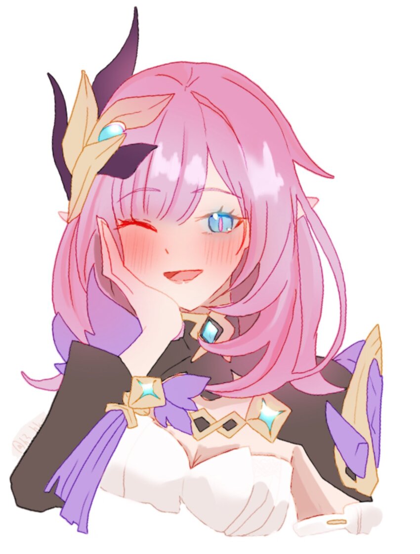 1girl, blue_eyes, blush, breasts, cleavage, elf, elysia_(honkai_impact), elysia_(miss_pink_elf)_(honkai_impact)