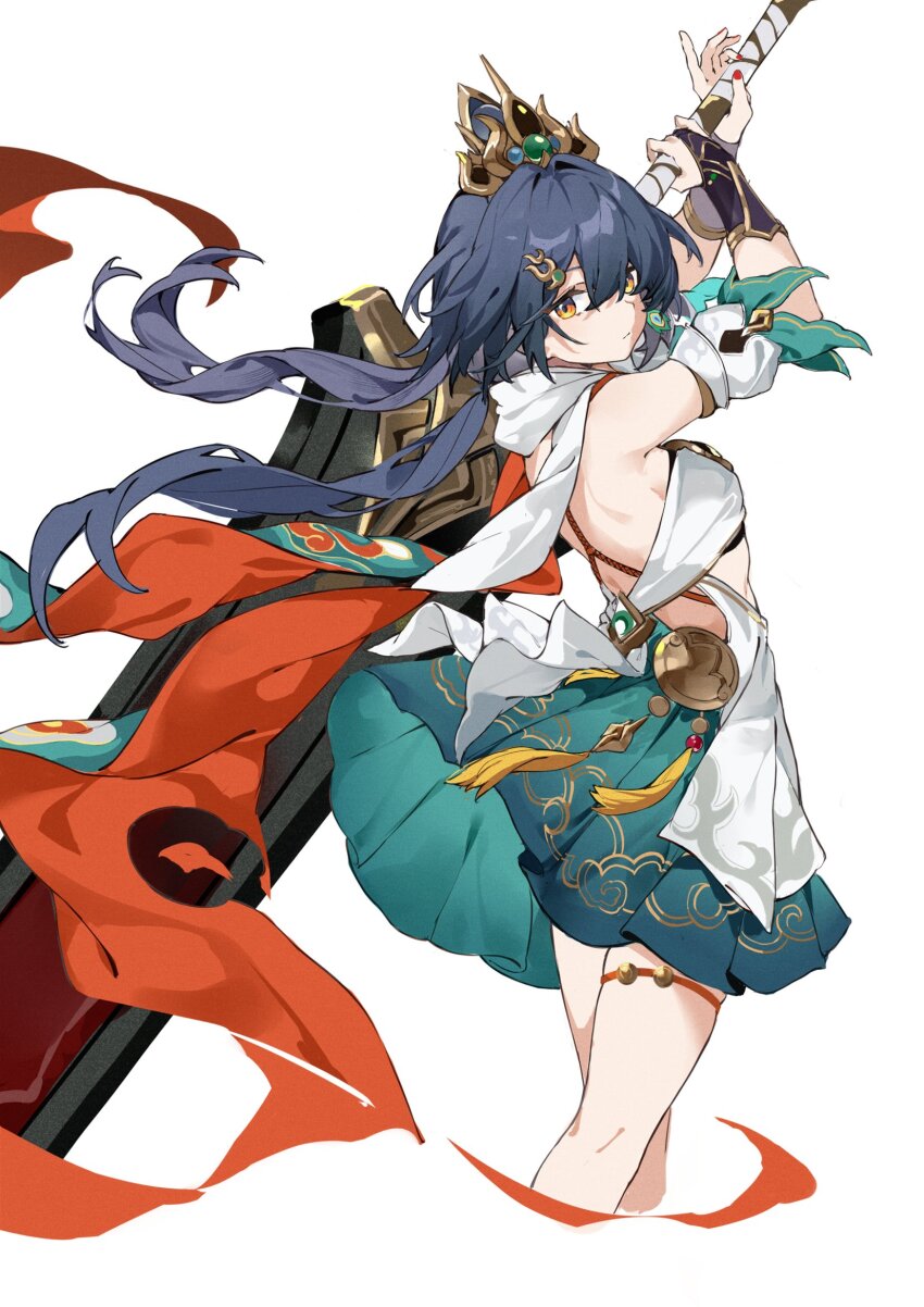 1girl, arms_up, bandeau, bare_shoulders, black_hair, breasts, closed_mouth, cropped_legs