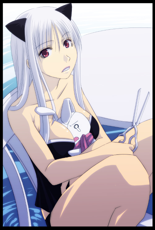 1girl, animal_ears, axe_assa, blue_hair, cat_ears, female_focus, kataasa-ko, katar_assa_child, lips, lipstick, long_hair, makeup, mr.romance, pool, ragnarok_online, red_eyes, scarf, scissors, solo