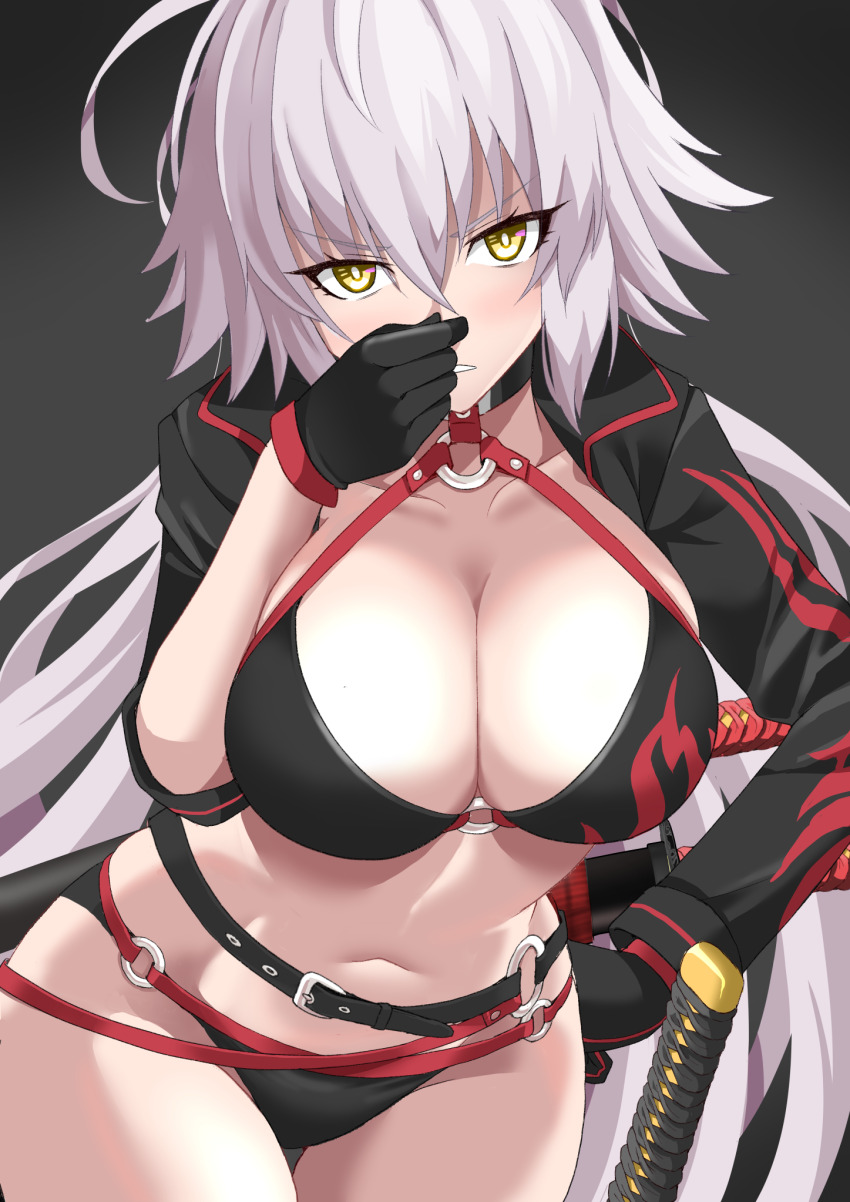 1girl, ahoge, bikini, black_bikini, black_gloves, black_jacket, breasts, cleavage