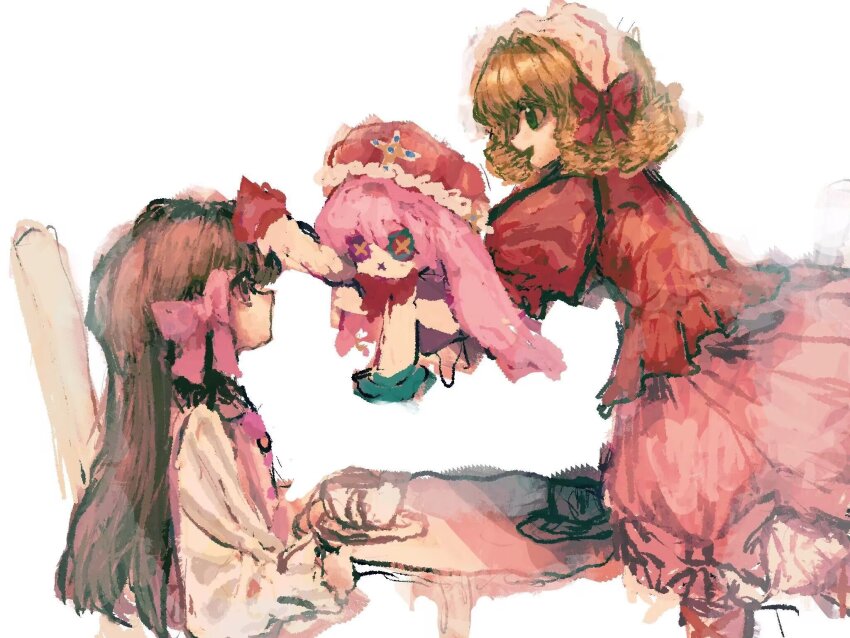 2girls, blonde_hair, blue_dress, bow, brown_hair, compact_(cosmetics), cosmetics, cup