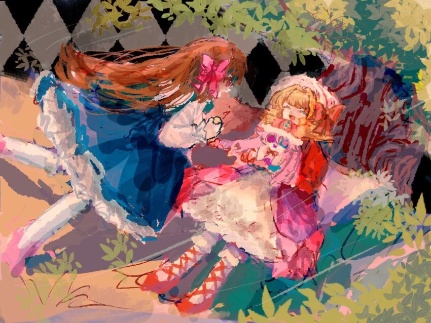 2girls, blonde_hair, blue_dress, bow, brown_hair, compact_(cosmetics), cosmetics, dress