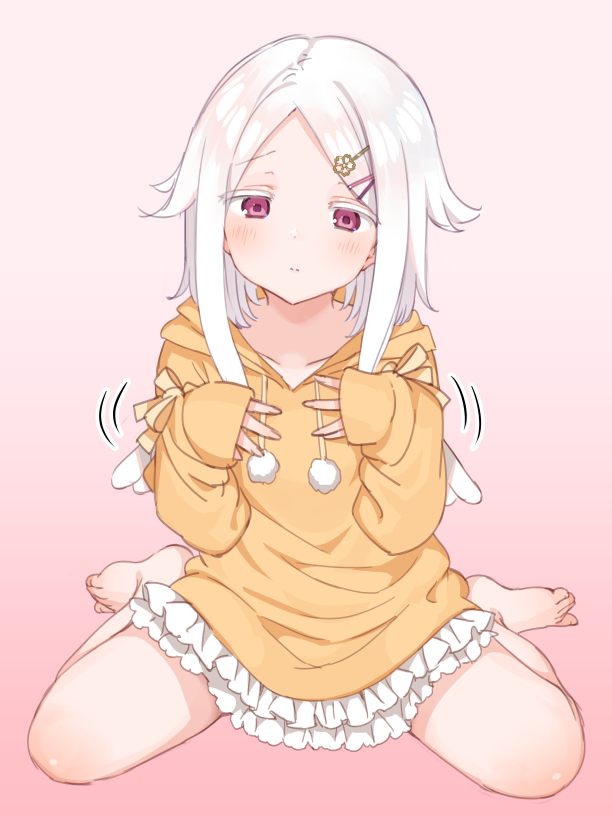 1girl, animal_hood, barefoot, chick_costume, commentary_request, flat_chest, full_body, hair_ornament, hairclip, hood, hood_down, hoodie, long_hair, looking_down, mankai_kaika, original, pink_eyes, sitting, solo, wariza, white_hair