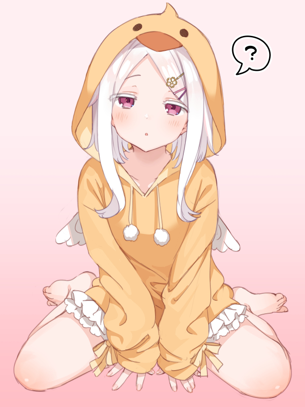 1girl, ?, animal_hood, barefoot, chick_costume, commentary_request, flat_chest, full_body