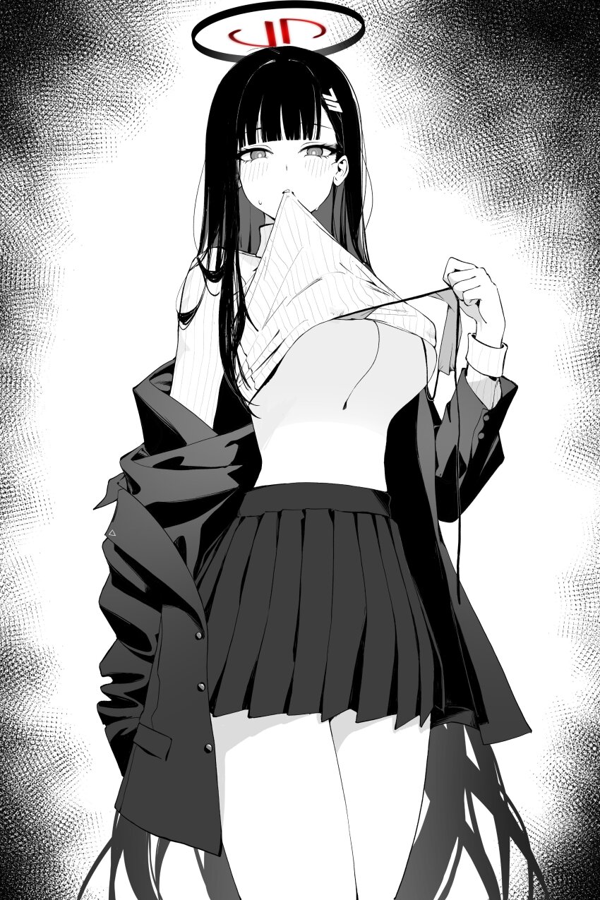 1girl, absurdres, bikini, bikini_top_only, bikini_under_clothes, blue_archive, blunt_bangs, blush