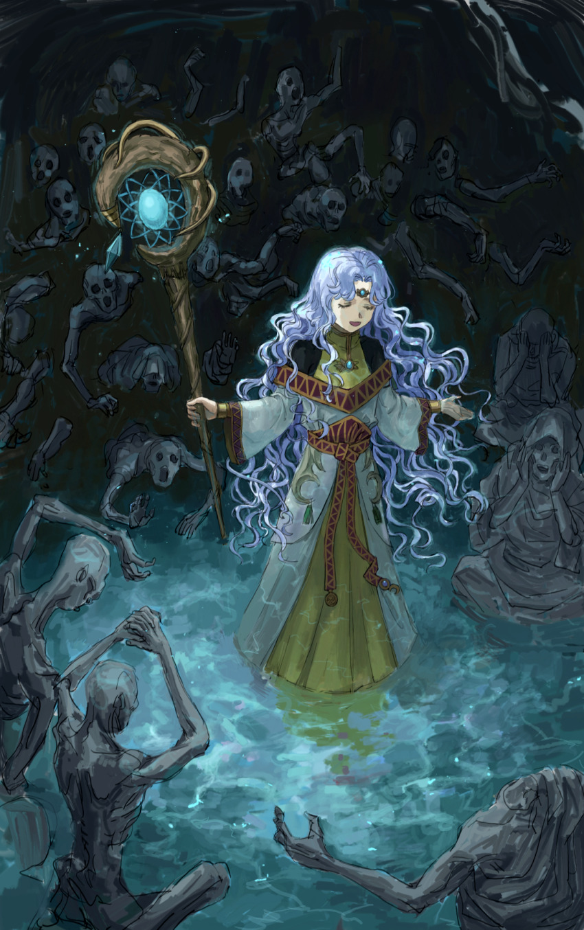 1girl, bracelet, closed_eyes, fire_emblem, fire_emblem:_thracia_776, full_body, highres, holding, holding_staff, jewelry, long_hair, long_sleeves, nintendo, open_mouth, parted_lips, petrification, purple_hair, reflection, reflective_liquid, robe, sallow_artist, sara_(fire_emblem), staff, standing, statue, water, wavy_hair, white_robe