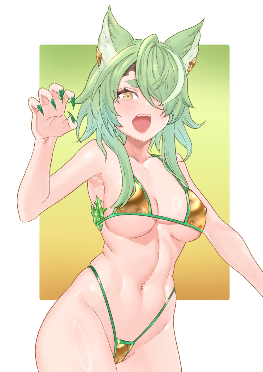1girl, ami_(granblue_fantasy), animal_ears, armpits, bikini, breasts, claw_pose, claws, covered_erect_nipples, fangs, gold_bikini, granblue_fantasy, grey_hair, hair_over_one_eye, highleg, highleg_swimsuit, highres, large_breasts, long_hair, meshiya, navel, simple_background, solo, swimsuit, thick_eyebrows, underboob, yellow_eyes