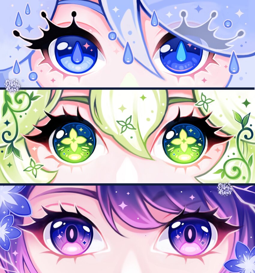artist_name, blue_eyes, blue_hair, commentary, drawselby, drop-shaped_pupils, english_commentary, eye_focus, eyelashes, furina_(genshin_impact), genshin_impact, green_eyes, green_hair, hair_between_eyes, heterochromia, highres, light_blue_hair, nahida_(genshin_impact), purple_eyes, purple_hair, raiden_shogun, star-shaped_pupils, star_(symbol), symbol-shaped_pupils