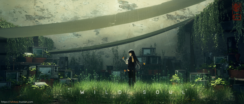 1girl, backless_dress, backless_outfit, black_dress, black_hair, commentary_request, dress, english_text