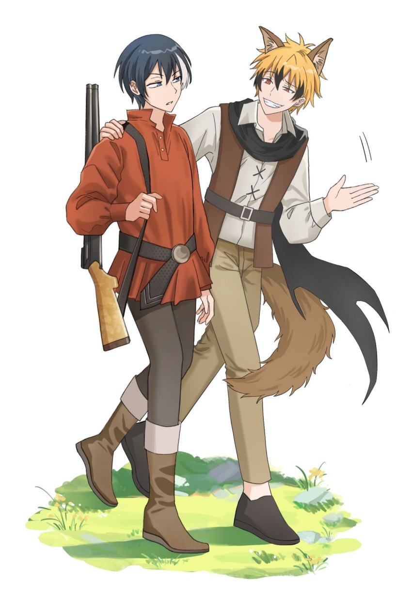 2boys, alternate_costume, animal_ears, black_hair, blonde_hair, blue_eyes, fake_animal_ears, fake_tail, full_body, highres, lawless_(servamp), licht_jekylland_todoroki, male_focus, multicolored_hair, multiple_boys, red_eyes, servamp, short_hair, tail, two-tone_hair, uruzuy, white_hair, yaoi