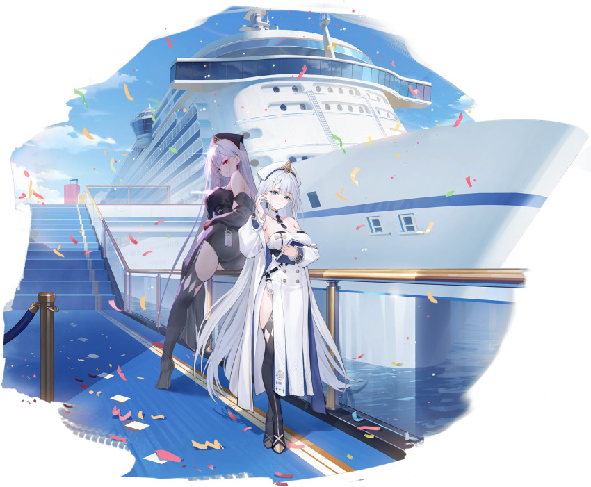 2girls, argyle_clothes, argyle_thighhighs, ass, azur_lane, bare_shoulders, black_dress, black_hat