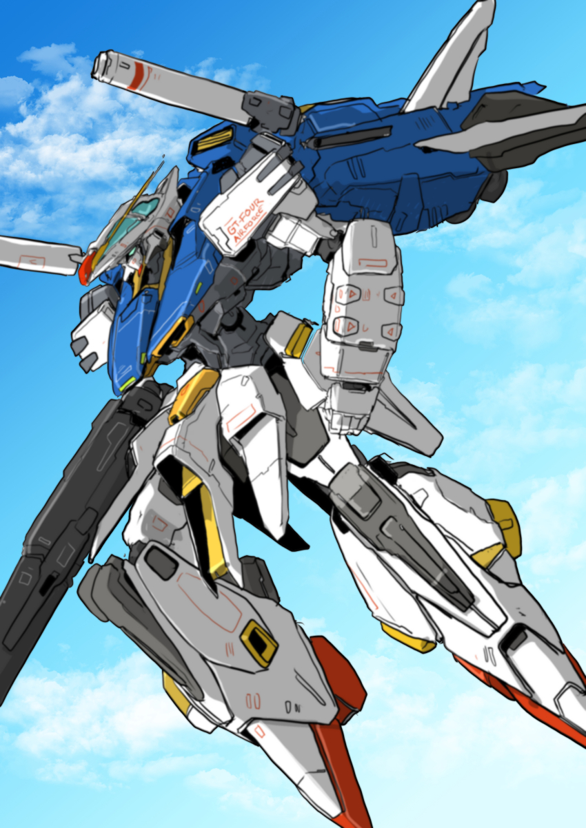 absurdres, character_name, clenched_hand, cloud, commentary, flying, from_side, green_eyes