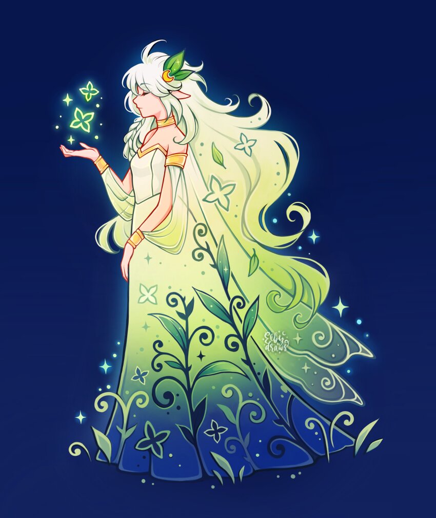 1girl, absurdres, ahoge, armlet, artist_name, bare_shoulders, blue_background, blue_dress