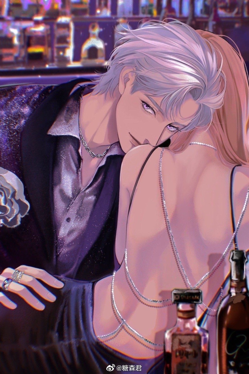 1boy, 1girl, alcohol, back, backless_dress, backless_outfit, bar_(place), blue_dress