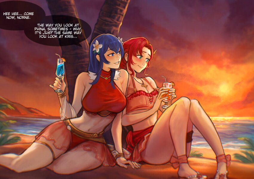 2girls, aqua_eyes, beach, bikini, blue_eyes, blue_hair, breasts, caeda_(fire_emblem)
