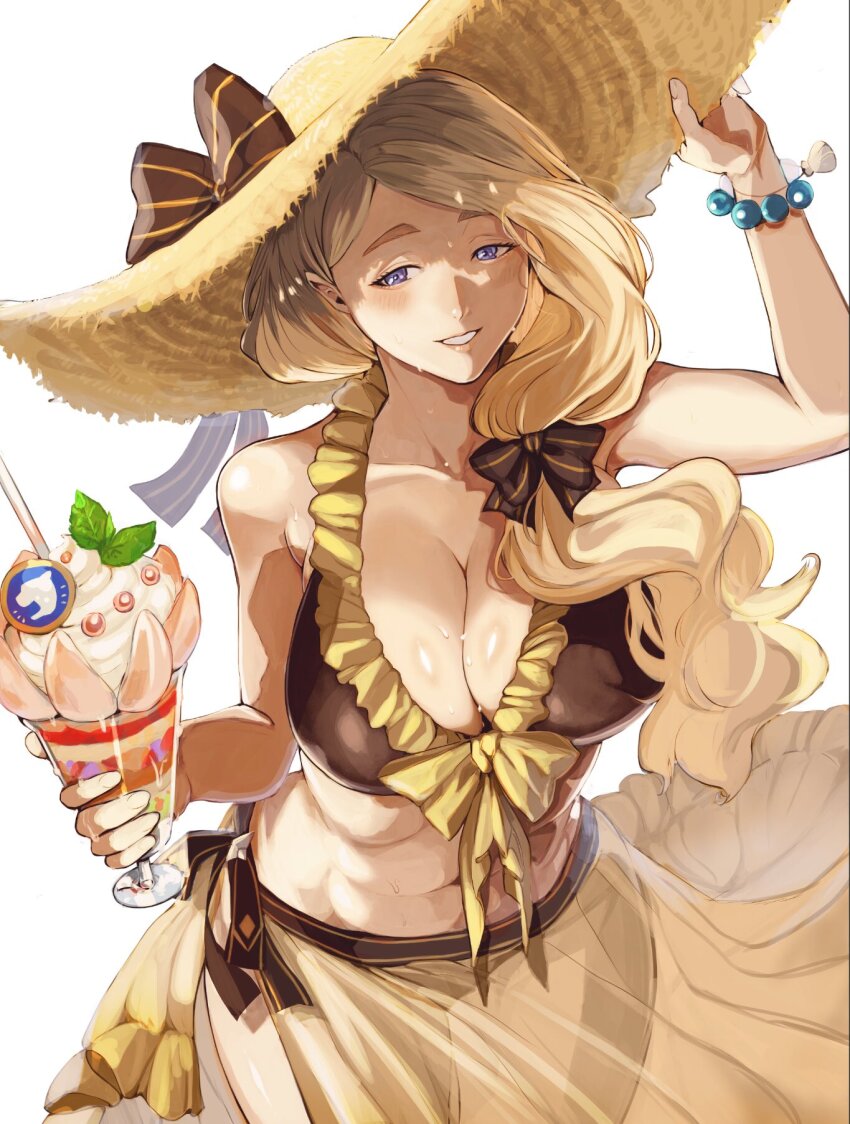 1girl, bikini, blonde_hair, blue_eyes, breasts, brown_bikini, brown_sarong, cleavage, fire_emblem, fire_emblem:_three_houses, fire_emblem_heroes, frilled_bikini, frills, gradient_sarong, hat, highres, large_breasts, long_hair, mercedes_von_martritz, mercedes_von_martritz_(summer), nintendo, off-shoulder_bikini, off_shoulder, official_alternate_costume, sarong, solo, straw_hat, sun_hat, sutekina_yari, swimsuit