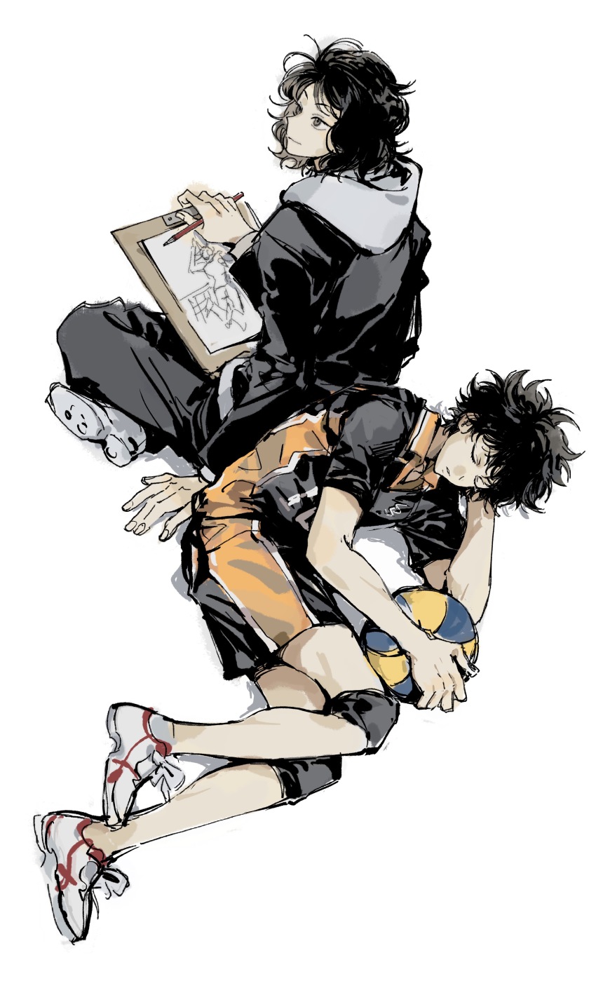 2boys, absurdres, back-to-back, ball, black_hair, black_jacket, black_pants, black_shirt