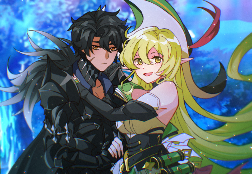 1boy, 1girl, amethyst97722, ascot, bare_shoulders, belt, black_gloves, black_hair, bodice, breasts, chinese_commentary, couple, dark-skinned_male, dark_skin, detached_sleeves, elf, elsword, face-to-face, fur_collar, gloves, green_ascot, green_eyes, green_hair, hair_between_eyes, hand_on_another's_shoulder, hat, hat_feather, hetero, holding_hands, jacket, large_breasts, long_hair, looking_at_viewer, open_mouth, pointy_ears, prophetess_(elsword), raven_cronwell, rena_erindel, revenant_(elsword), scar, scar_on_face, sidelocks, upper_body, very_long_hair, yellow_eyes