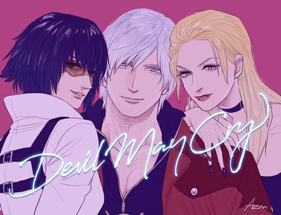 1boy, 2girls, azuma_xoxo_9, black_hair, blonde_hair, blue_eyes, blue_nails, brown-tinted_eyewear, coat, dante_(devil_may_cry), devil_may_cry, devil_may_cry_(series), devil_may_cry_4, lady_(devil_may_cry), long_hair, looking_at_viewer, multiple_girls, orange-tinted_eyewear, red_coat, smile, tinted_eyewear, trish_(devil_may_cry), white_hair