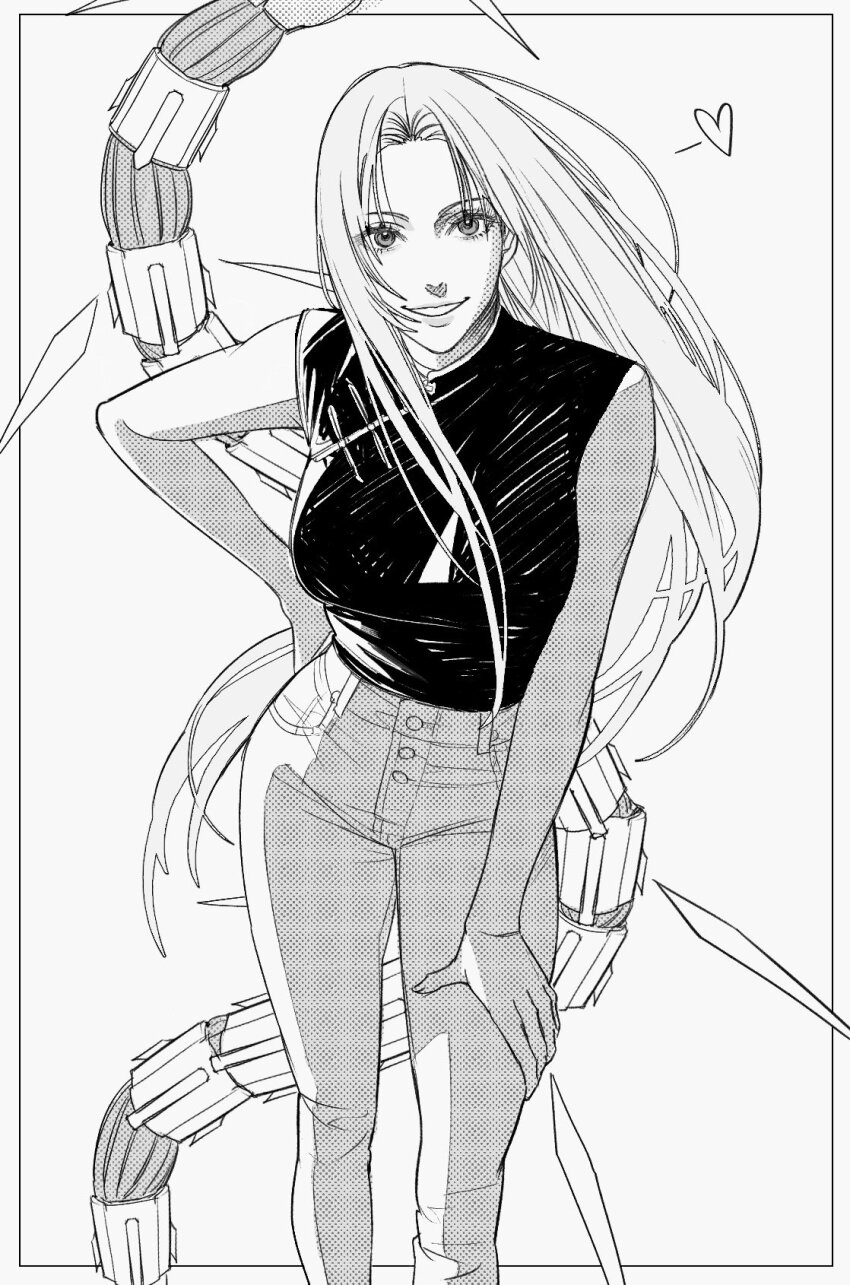 1girl, commentary, eyelashes, floating_hair, foot_out_of_frame, garuda_(jujutsu_kaisen), greyscale, hand_on_own_hip