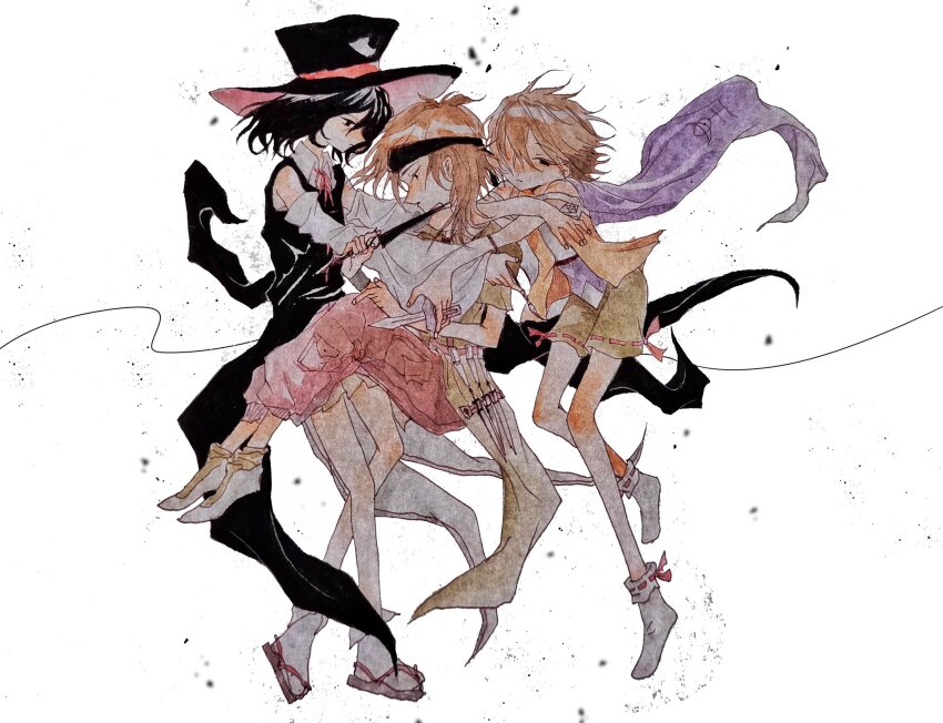 3others, arm_around_neck, baggy_pants, bare_arms, bare_legs, bare_shoulders, benny_(len'en), between_fingers