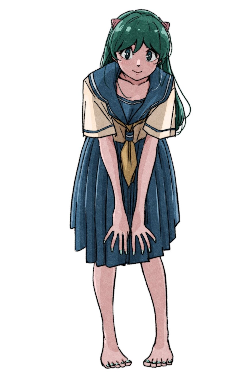 1girl, barefoot, blue_sailor_collar, blue_skirt, collarbone, cone_horns, feet, green_eyes