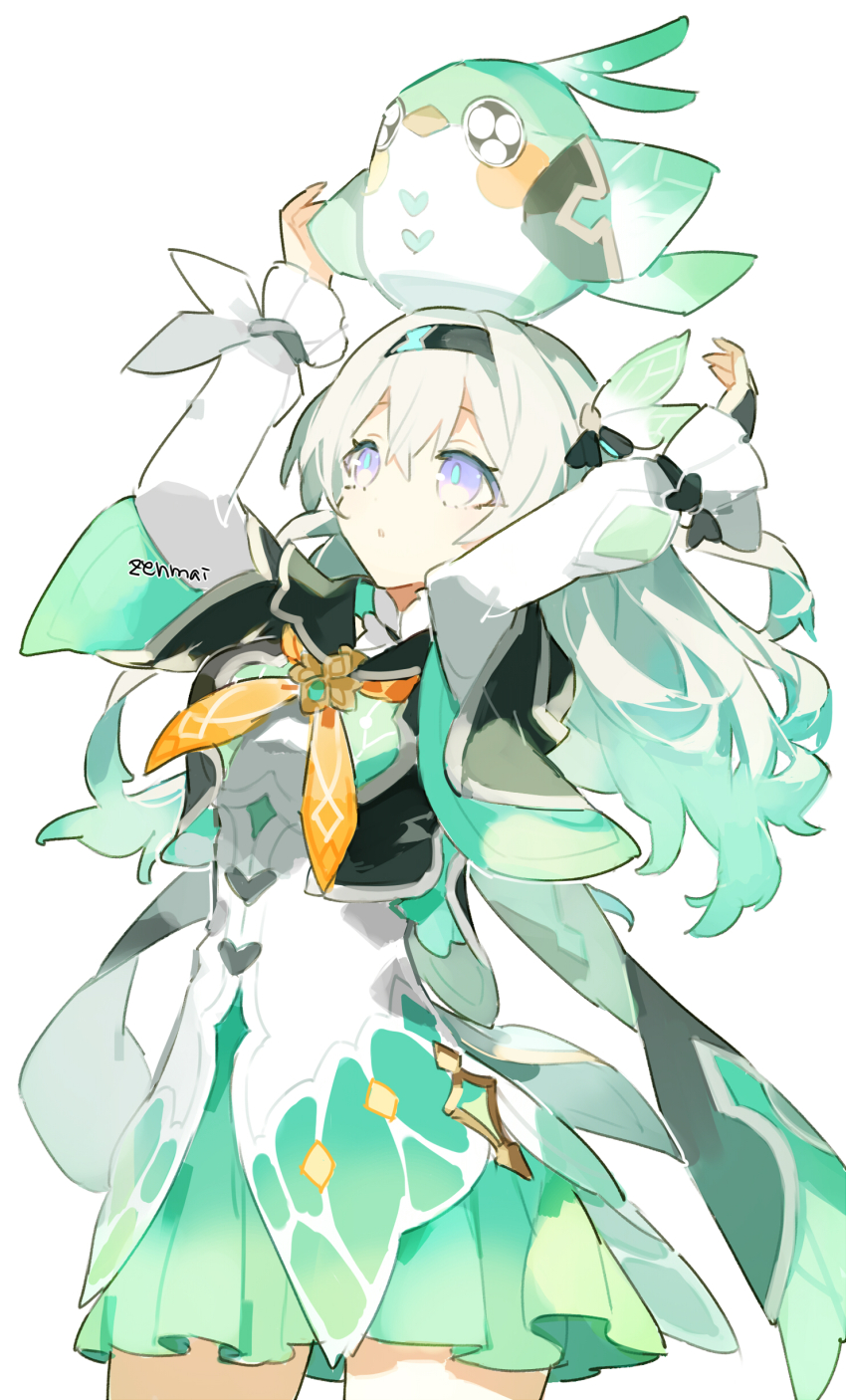 1girl, absurdres, animalization, bird, black_hairband, black_jacket, cowboy_shot, firefly_(birefly)_(honkai:_star_rail)