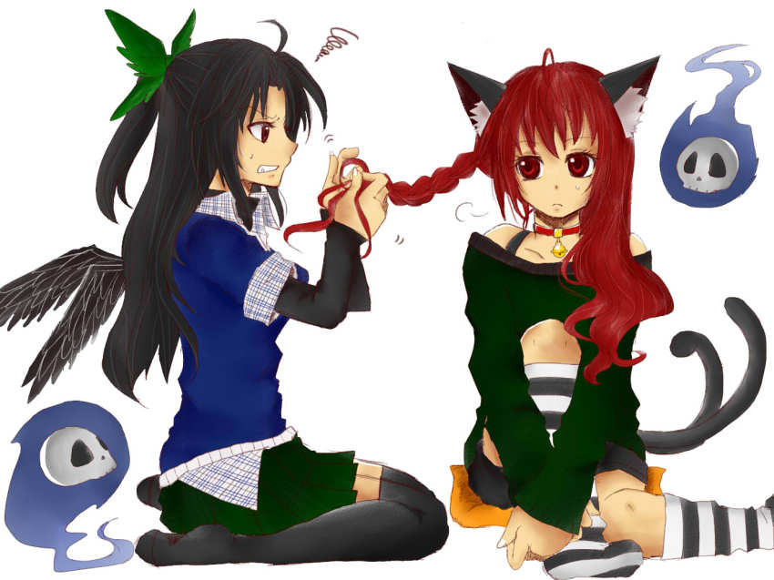 2girls, adjusting_hair, alternate_costume, alternate_hairstyle, animal_ears, annoyed, bare_shoulders, black_hair, black_wings, braid, braiding_hair, brown_eyes, casual, cat_ears, cat_girl, cat_tail, choker, female_focus, hairdressing, haru_(kerokero-suwako), hugging_own_legs, kaenbyou_rin, multiple_girls, multiple_tails, profile, red_eyes, red_hair, reiuji_utsuho, sitting, skull, socks, striped_clothes, striped_legwear, striped_socks, tail, touhou, wariza, wings