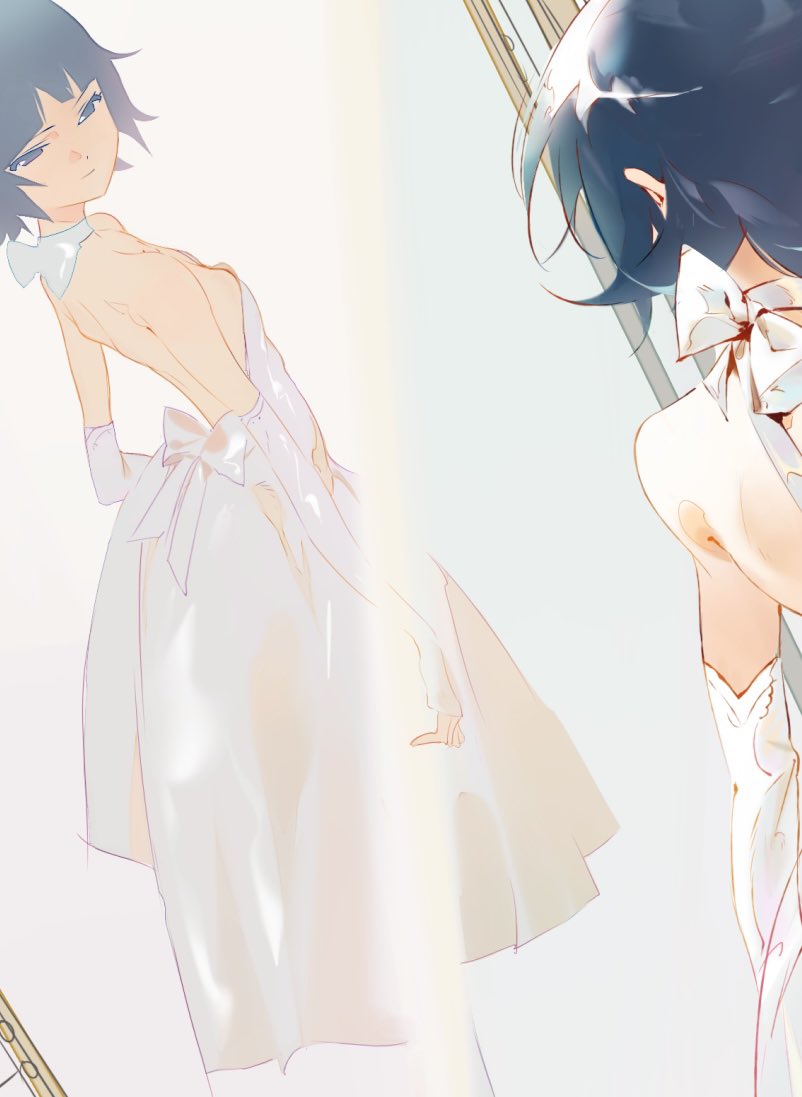 1girl, back_bow, back_cutout, bare_shoulders, black_hair, bleach, bow, clothing_cutout