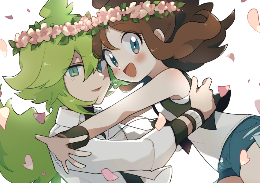 1boy, 1girl, :d, black_vest, blue_eyes, blush, brown_hair, clear_2758