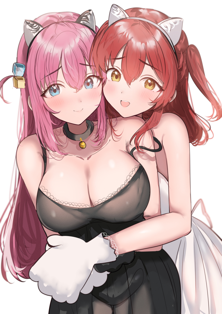 2girls, absurdres, alternate_eye_color, animal_ears, animal_hands, bare_shoulders, black_choker, black_dress