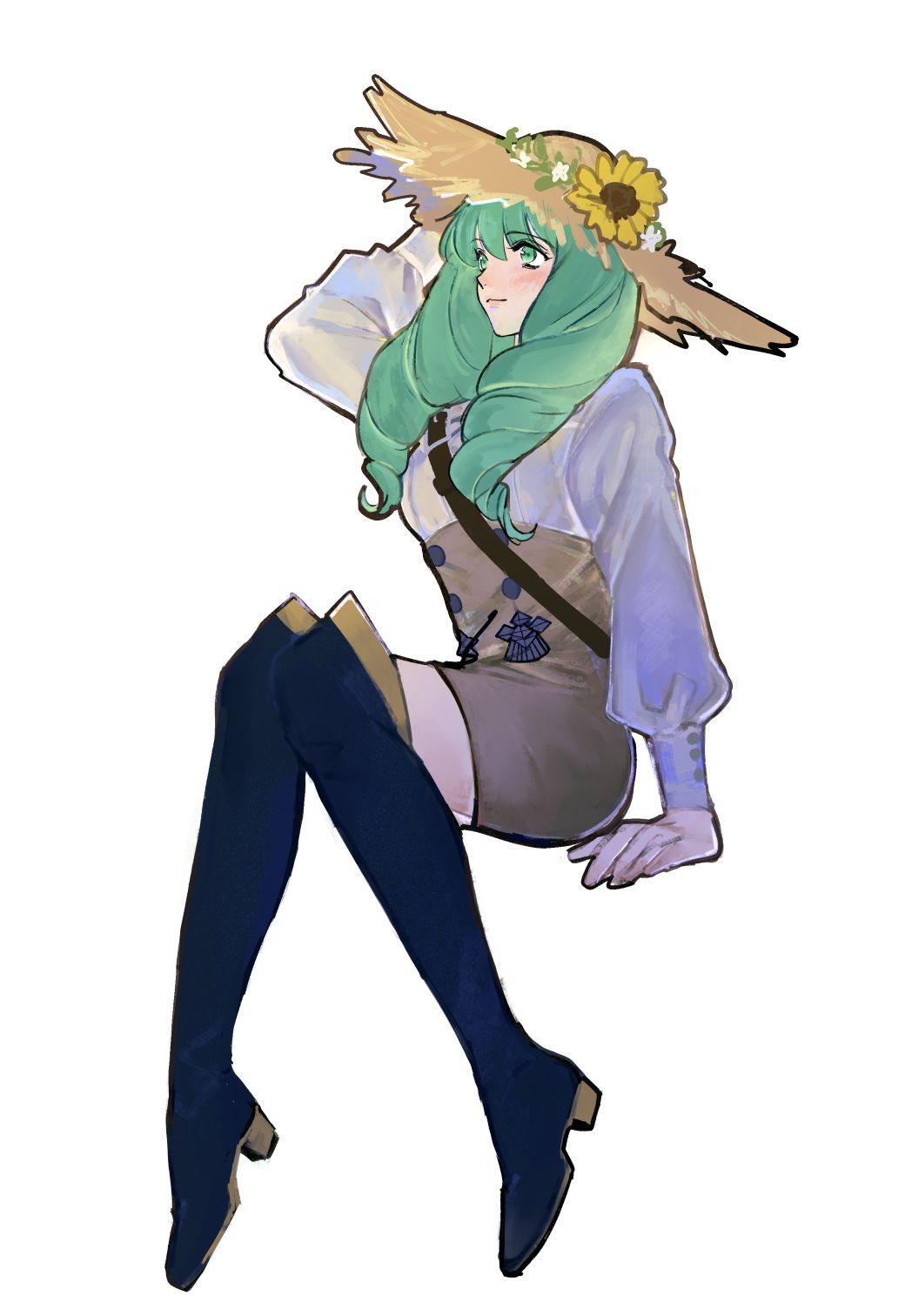 1girl, adjusting_clothes, adjusting_headwear, aqua_eyes, aqua_hair, black_boots, boots, drill_hair, fire_emblem, fire_emblem:_three_houses, flayn_(fire_emblem), full_body, hat, highres, invisible_chair, knee_boots, looking_to_the_side, nintendo, sevenney, sitting, solo, straw_hat, twin_drills