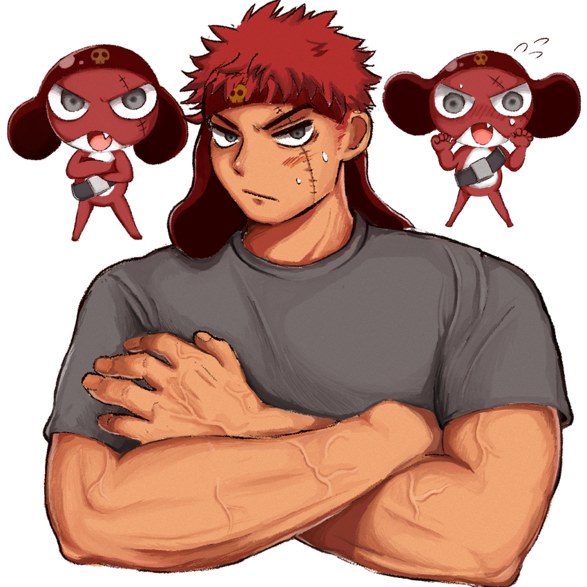 1boy, blush, chibi, chibi_inset, chibikemo, commentary_request, crossed_arms, furry, humanoid_and_humanization, furry_male, giroro, gorugon01, grey_eyes, grey_shirt, highres, keroro_gunsou, looking_at_viewer, male_focus, multiple_views, muscular, muscular_male, personification, red_hair, scar, scar_across_eye, scar_on_face, shirt, skull_print, stitched_mouth, stitches, sweatdrop, white_background