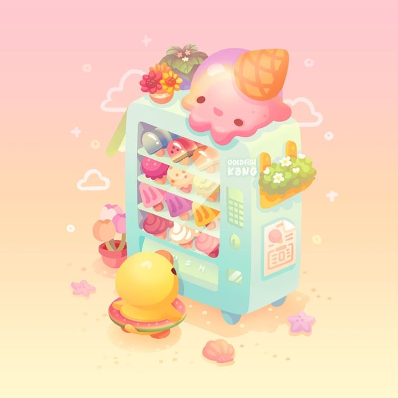 animal_focus, beak, bird, black_eyes, cloud, duck, flower, food, food-themed_creature, gelato, goldfishkang, gradient_background, ice_cream_cone, innertube, no_humans, open_mouth, orange_flower, original, pink_background, pink_flower, plant, popsicle, potted_plant, purple_flower, red_flower, sand, seashell, shadow, shell, simple_background, smile, solid_oval_eyes, sparkle, starfish, sunflower, swim_ring, tulip, vending_machine, white_flower, yellow_background, yellow_flower