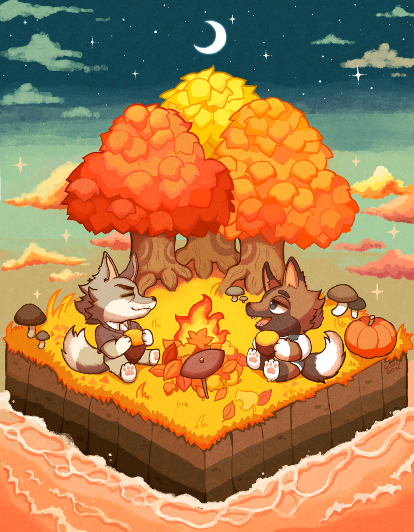 2boys, animal_crossing, animal_ears, autumn, campfire, chibi, commentary_request, dobie_(animal_crossing)