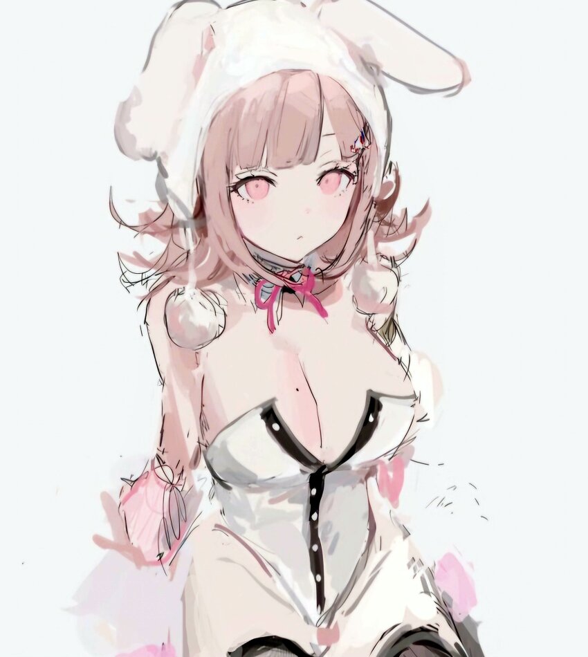 1girl, animal_ears, arm_warmers, bare_shoulders, black_leotard, breasts, brown_hair, cleavage