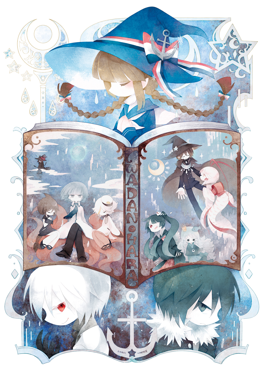 4boys, 6+girls, anchor_hat_ornament, anchor_symbol, animal_ears, animalization, antennae, bandage_over_one_eye