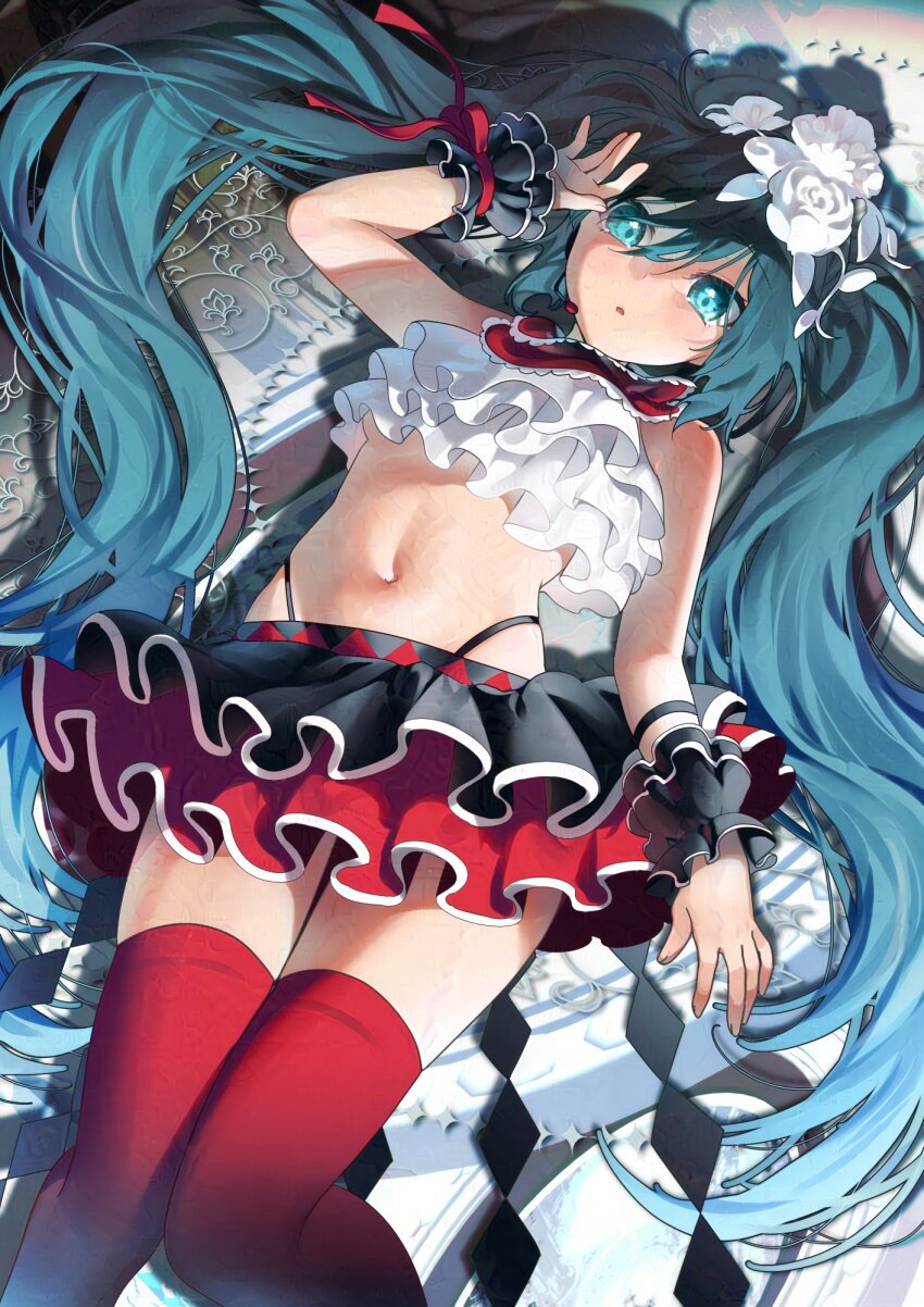 1girl, adversarial_noise, black_skirt, bless_you_(module), commentary, flower, green_eyes, green_hair, hair_between_eyes, hair_flower, hair_ornament, hatsune_miku, hatsune_miku_(bless_you), highres, kirisaki_shuusei, long_hair, looking_at_viewer, lying, navel, nisoku_hokou_(vocaloid), on_back, open_mouth, project_diva_(series), red_thighhighs, skirt, solo, thighhighs, twintails, very_long_hair, vocaloid, white_flower
